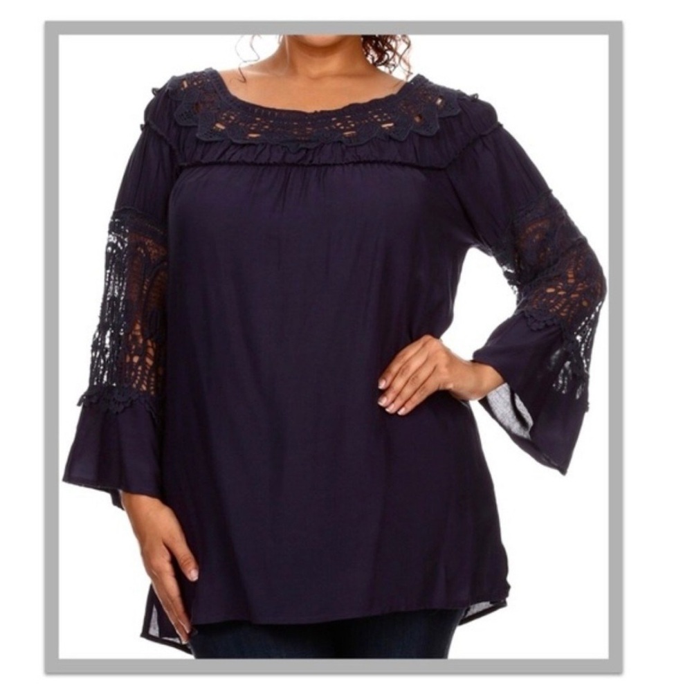 Colette Navy Crochet Lace Tunic Top 2X Bell Sleeve Rayon